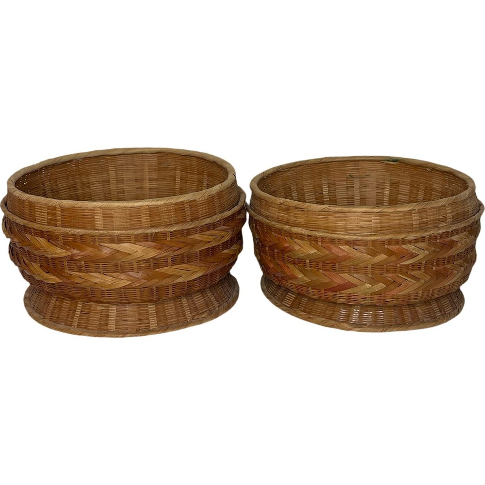 Vintage Woven Bamboo Rattan Round Storage Baskets Planters 2 Brown Boho Natural